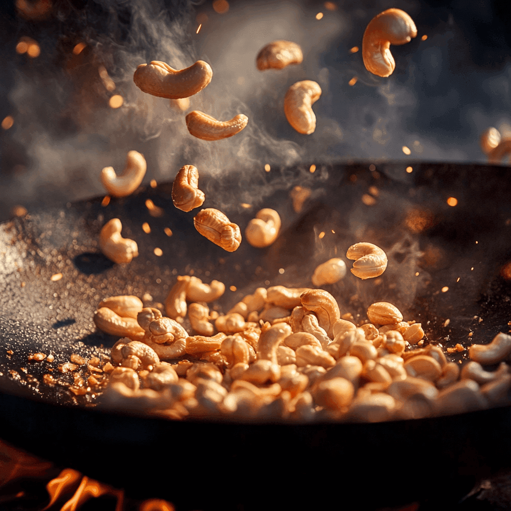 Raw cashews being toasted in a sizzling wok on high heat until golden brown.