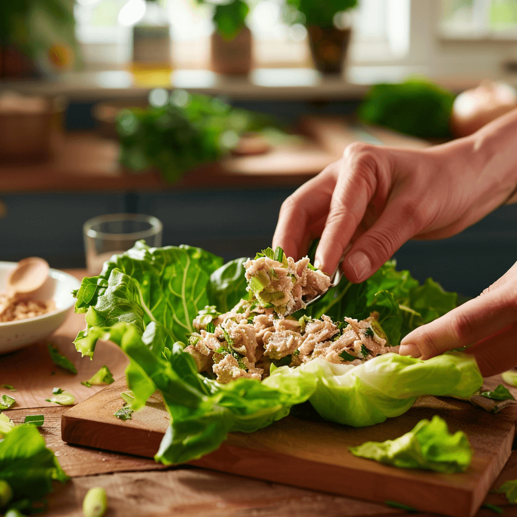 Hands assembling tuna salad into crisp lettuce leaves