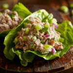 Neatly arranged tuna salad lettuce wraps on a plate