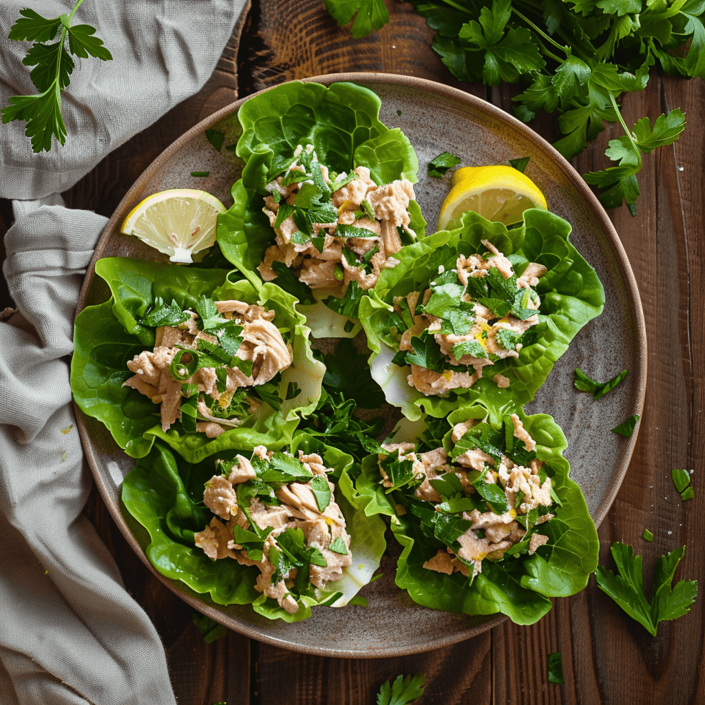 Neatly arranged tuna salad lettuce wraps on a plate with lemon wedges