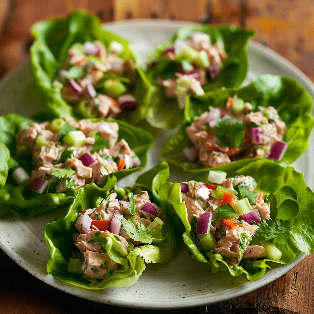 Close-up of a vibrant tuna salad lettuce wrap with colorful vegetables