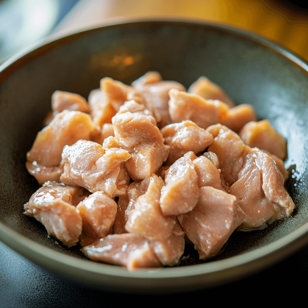 Close-up of chicken pieces coated in a velveting mixture of cornstarch and Chinese cooking wine.