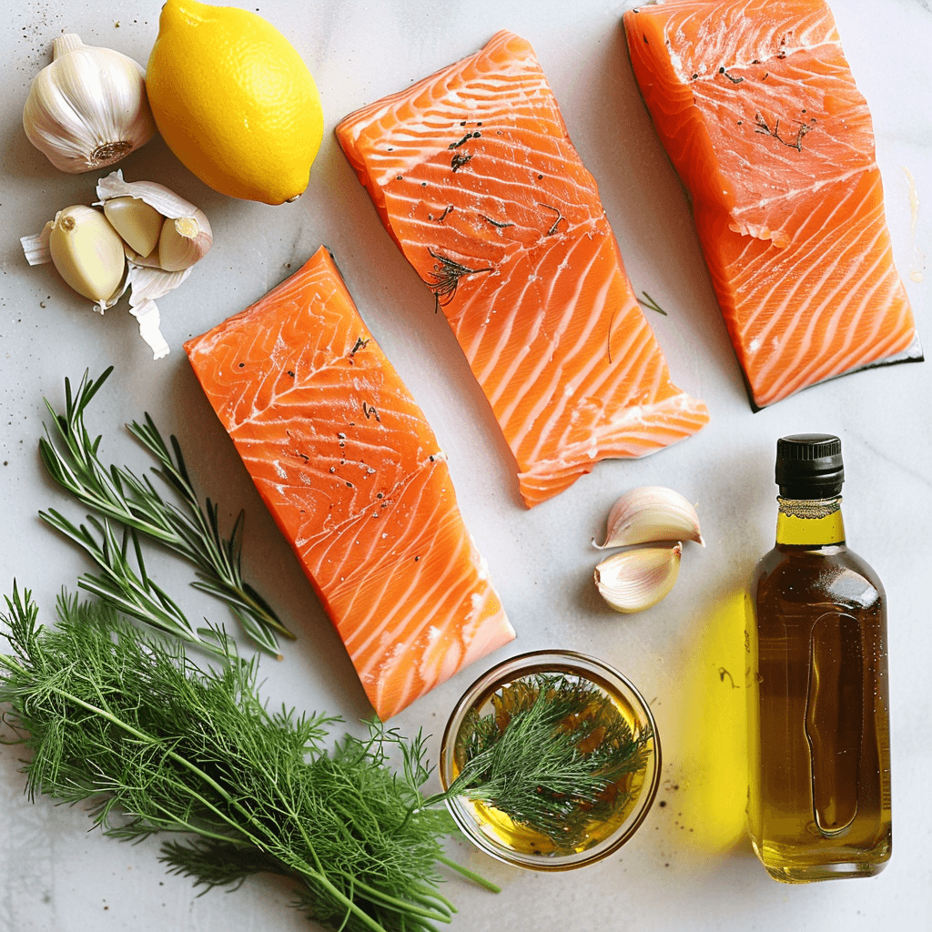 Image showcasing fresh ingredients for a baked salmon recipe, including salmon fillets, lemon, garlic, olive oil, and herbs like dill and rosemary.