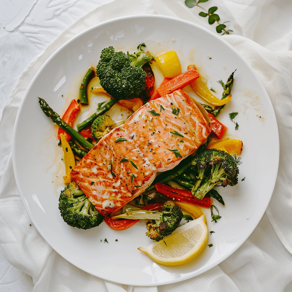 Baked salmon recipe served with a side of colorful roasted vegetables, illustrating a complete and healthy meal.