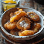 Golden, crispy banana fritters arranged on a serving plate with a light dusting of powdered sugar"