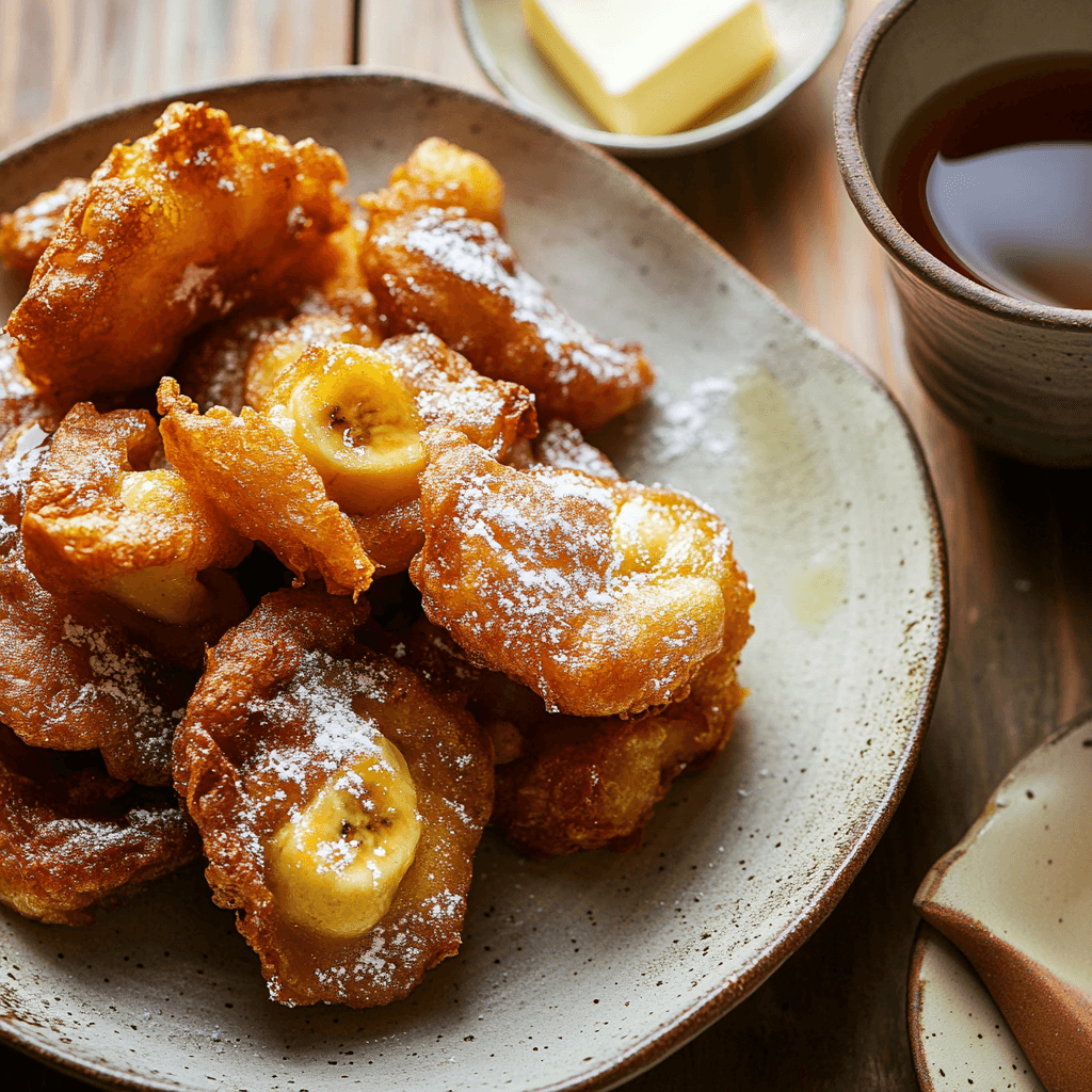 Golden, crispy banana fritters arranged on a serving plate with a light dusting of powdered sugar