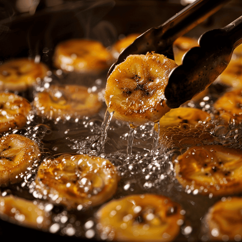 Banana fritters frying in a deep pan with bubbles forming around the batter