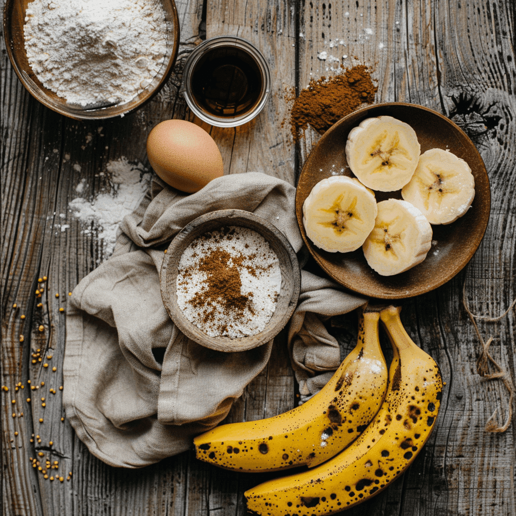 A neatly arranged set of ingredients for Banana Fritters including ripe bananas, flour, sugar, and spices