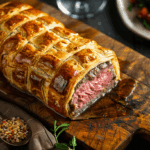 Delicious Beef Wellington sliced open, revealing layers of flaky puff pastry, duxelles, prosciutto, and perfectly cooked beef tenderloin.