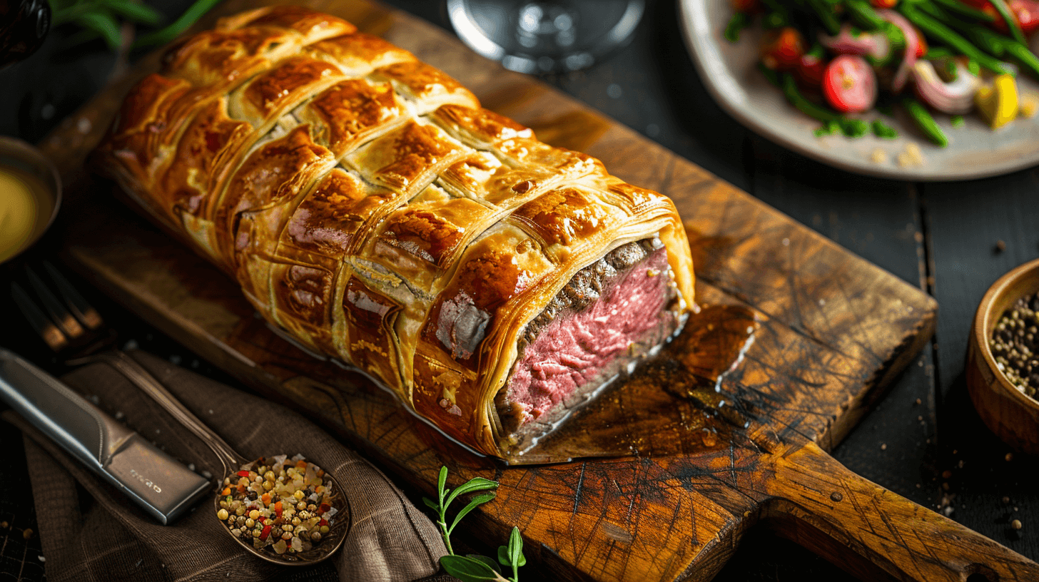 Delicious Beef Wellington sliced open, revealing layers of flaky puff pastry, duxelles, prosciutto, and perfectly cooked beef tenderloin.