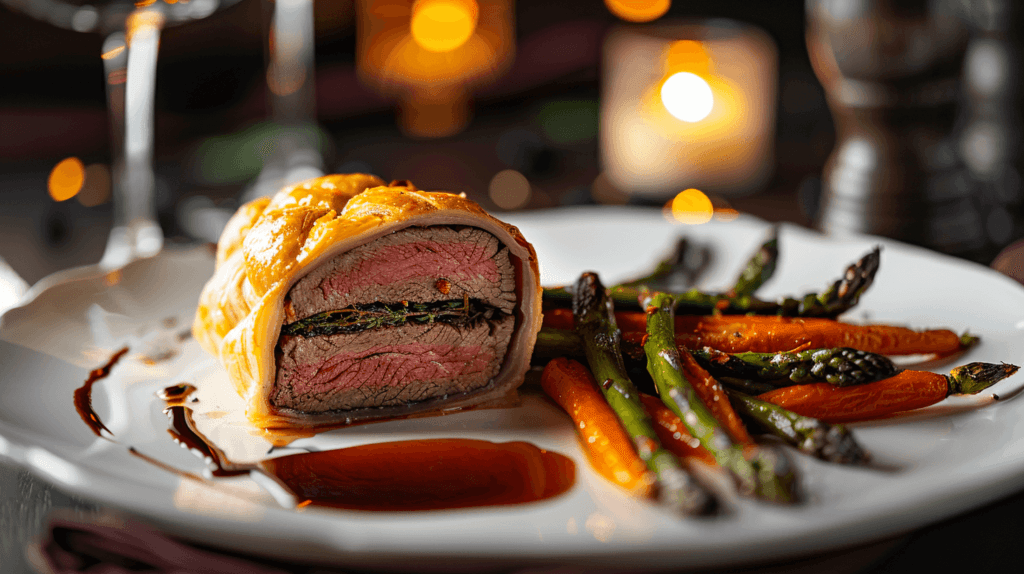 Plated Beef Wellington slice served with roasted vegetables and a red wine reduction, showcasing an elegant presentation.