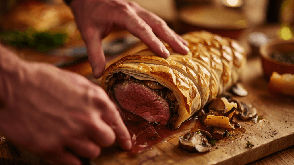 Perfectly baked Beef Wellington with a golden brown and flaky puff pastry crust, fresh out of the oven.