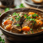 Bowl of delicious old fashioned beef stew recipe, garnished with fresh parsley and served with crusty bread.