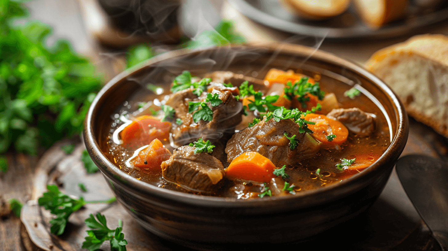 Bowl of delicious old fashioned beef stew recipe, garnished with fresh parsley and served with crusty bread.