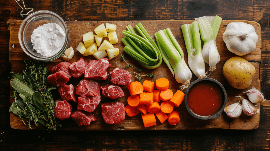 Ingredients for old fashioned beef stew recipe: beef chuck, vegetables, and herbs.