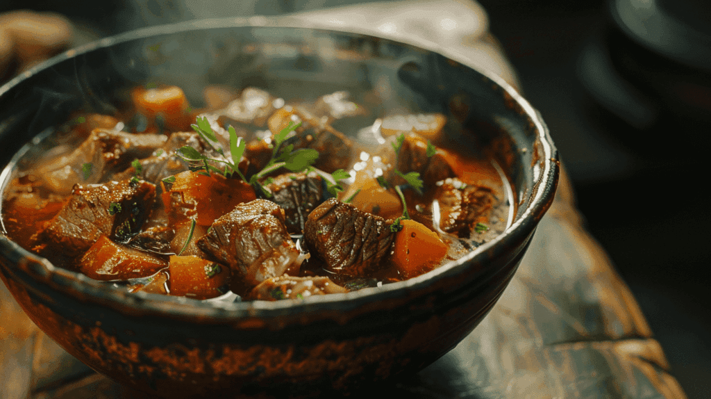 Delicious bowl of finished old fashioned beef stew recipe ready to serve.