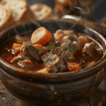 Delicious bowl of finished old fashioned beef stew recipe ready to serve.