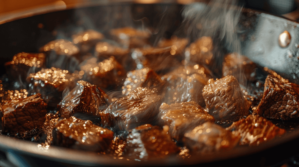 Searing beef cubes in a Dutch oven for old fashioned beef stew recipe.