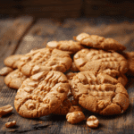 Soft and chewy peanut butter cookies stacked on a wooden board with a glass of milk
