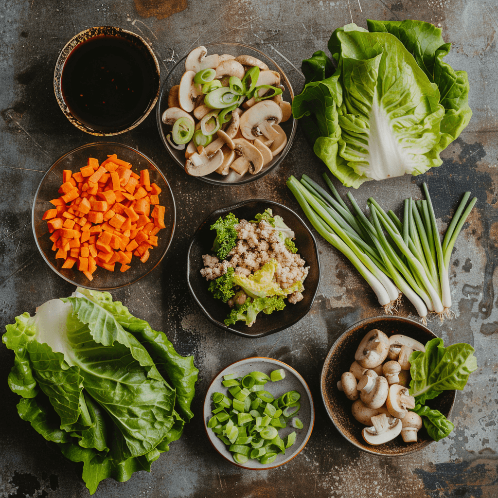 Fresh ingredients for chicken lettuce wraps recipe including ground chicken, lettuce, sauces, and vegetables.
