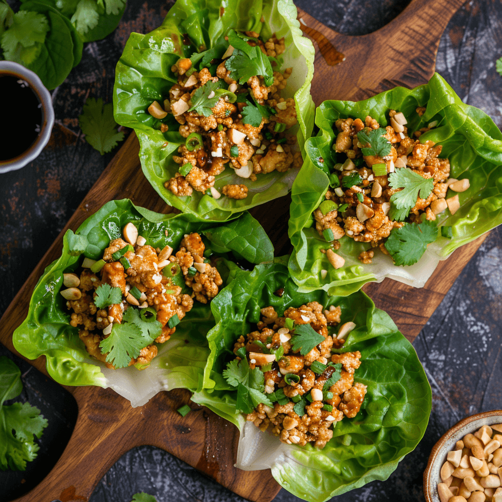 Chicken lettuce wraps recipe served on a platter with optional toppings.