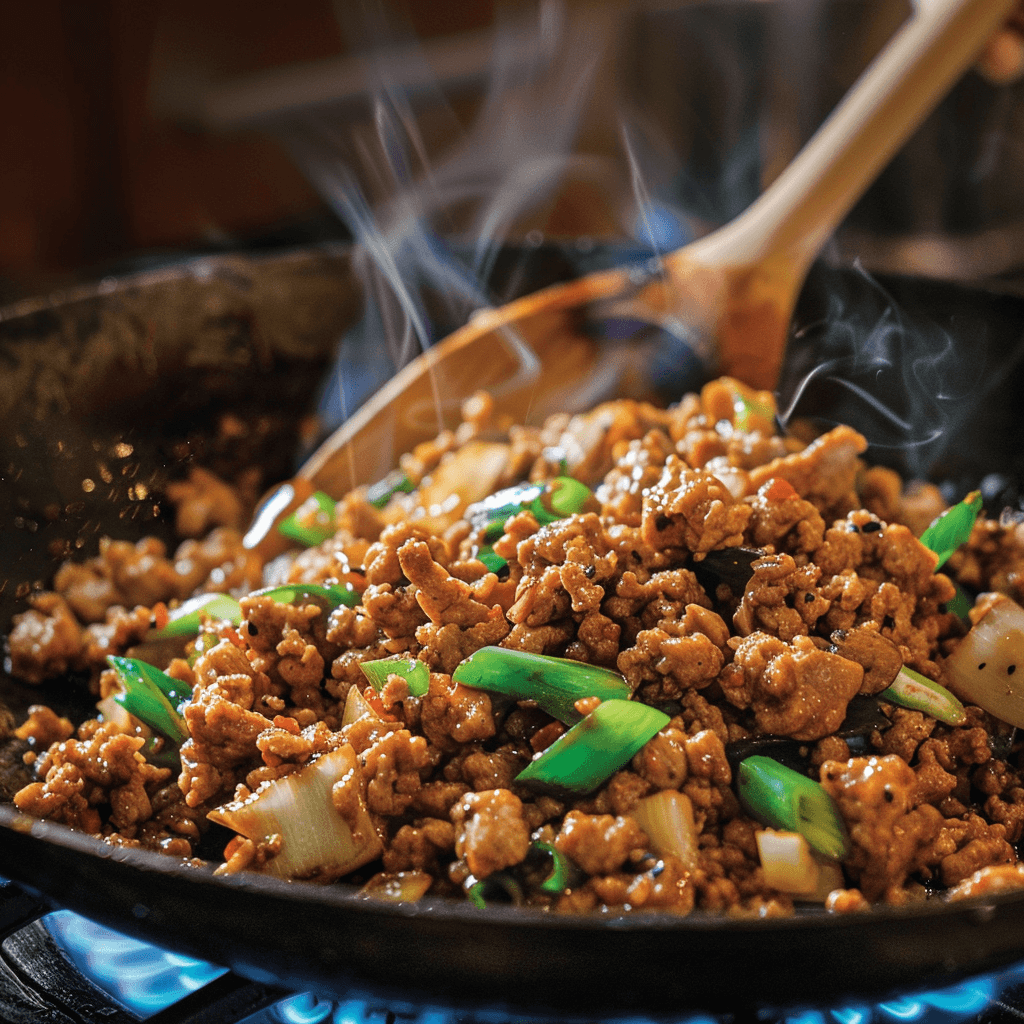 Cooking chicken filling for chicken lettuce wraps recipe in a wok.
