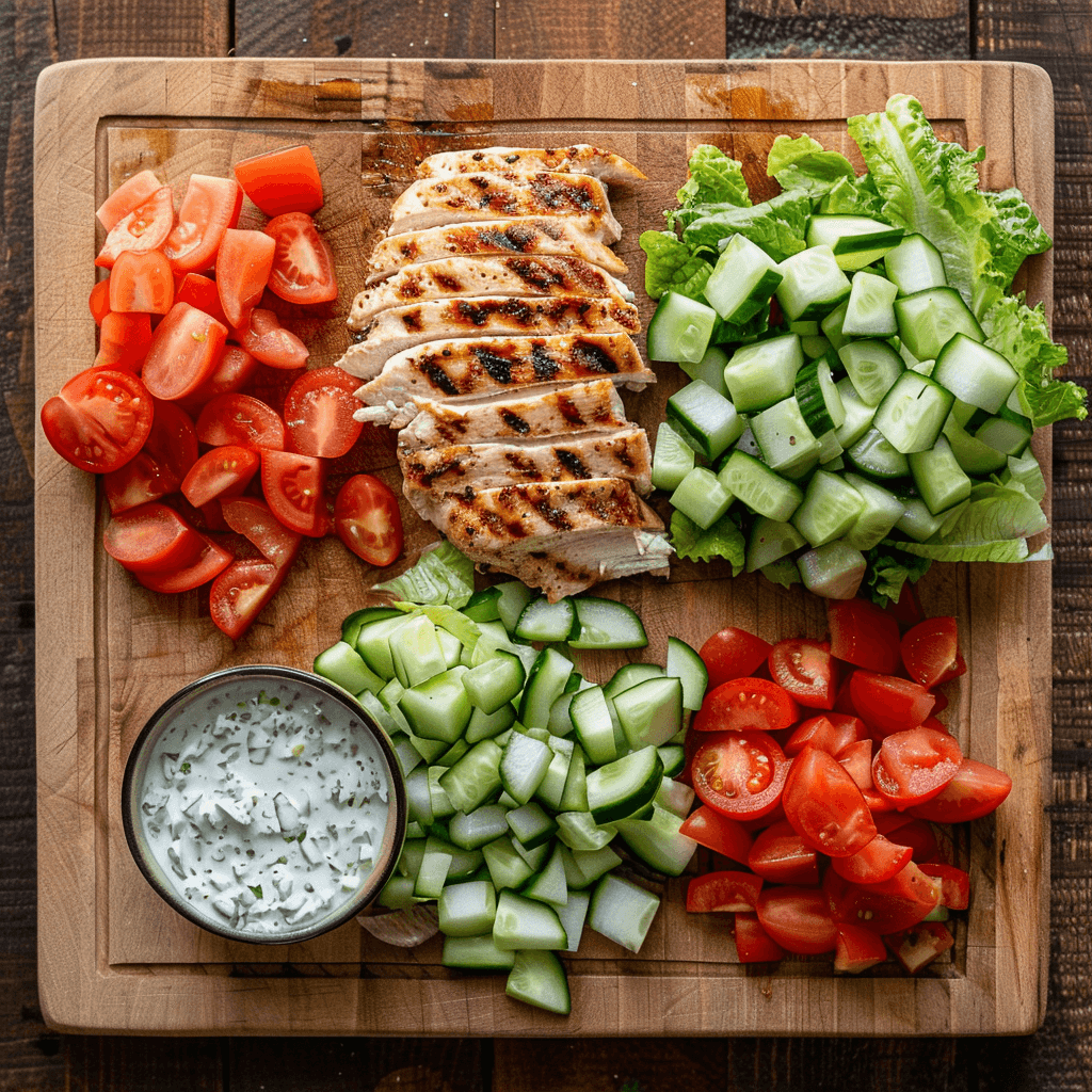 Fresh ingredients for a chicken wrap including chicken, vegetables, and whole wheat tortilla
