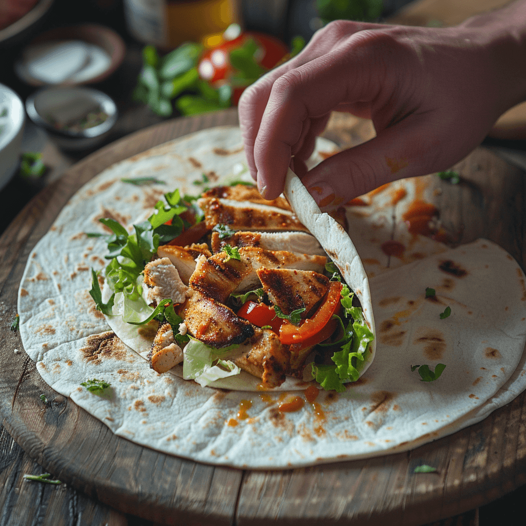 History of A vibrant chicken wrap filled with fresh vegetables and grilled chicken