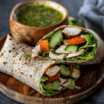 A vibrant chicken wrap filled with fresh vegetables and grilled chicken