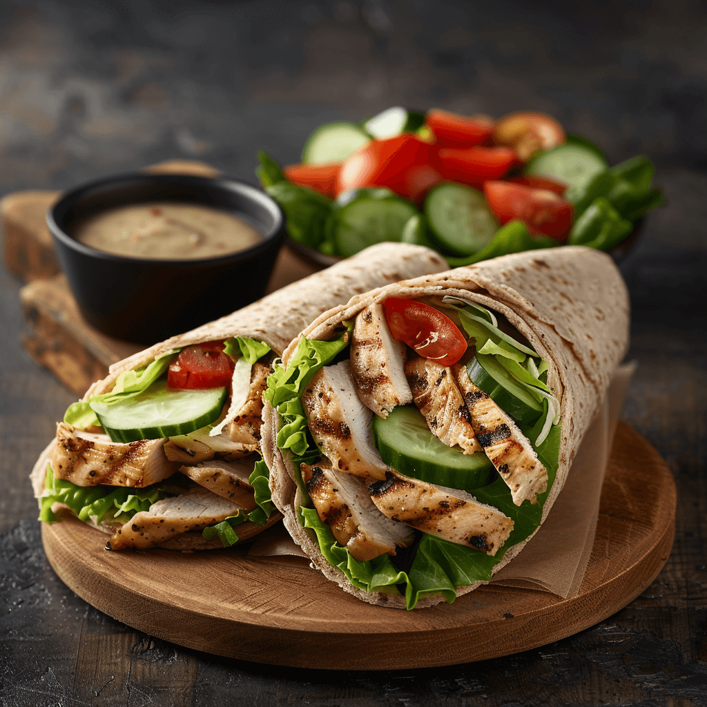 A vibrant chicken wrap filled with fresh vegetables and grilled chicken