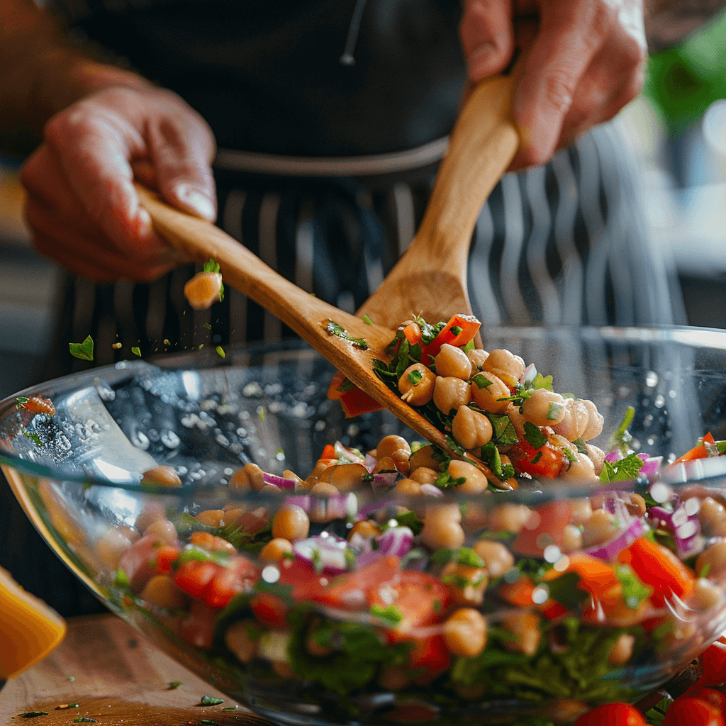 Chef mixing Chickpea Salad in a bowl