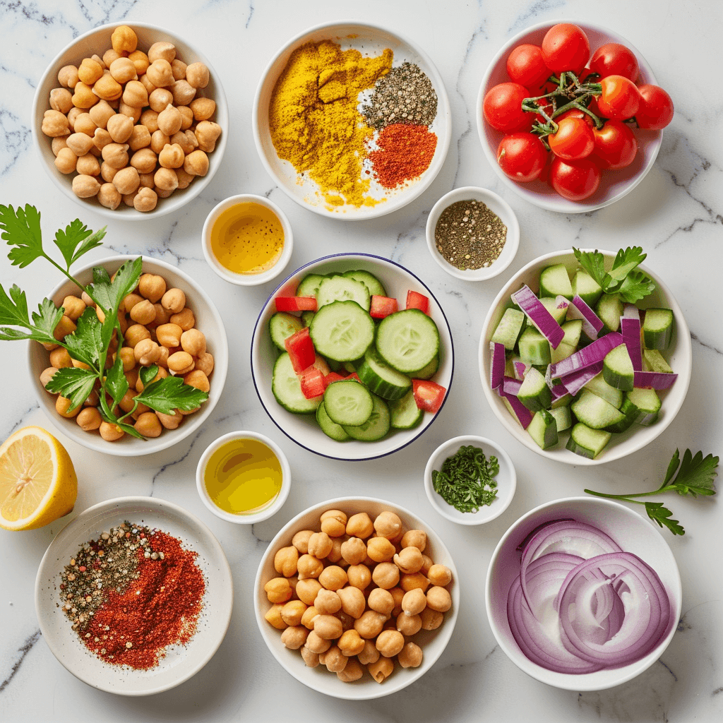 Neatly arranged fresh ingredients for Chickpea Salad
