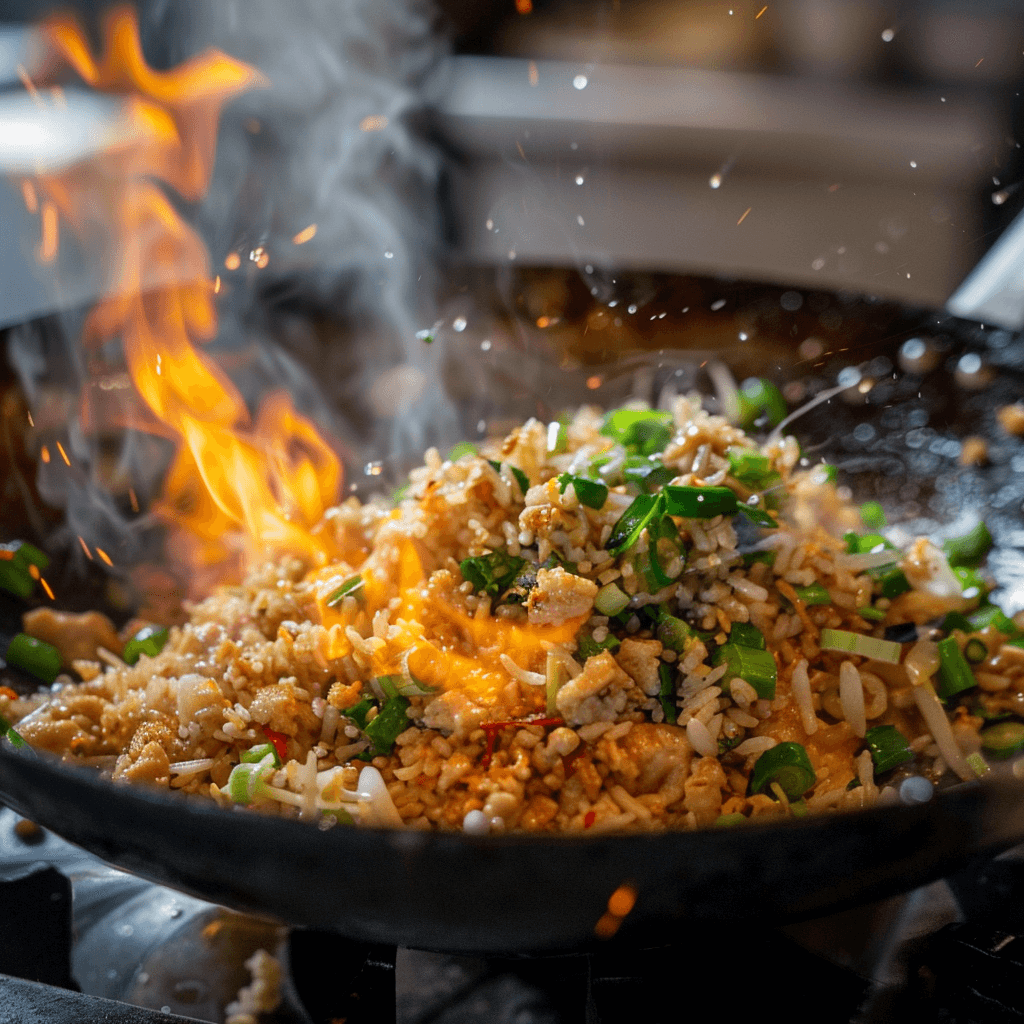 Stir-frying jasmine rice with garlic and scallions in a wok for Egg Fried Rice