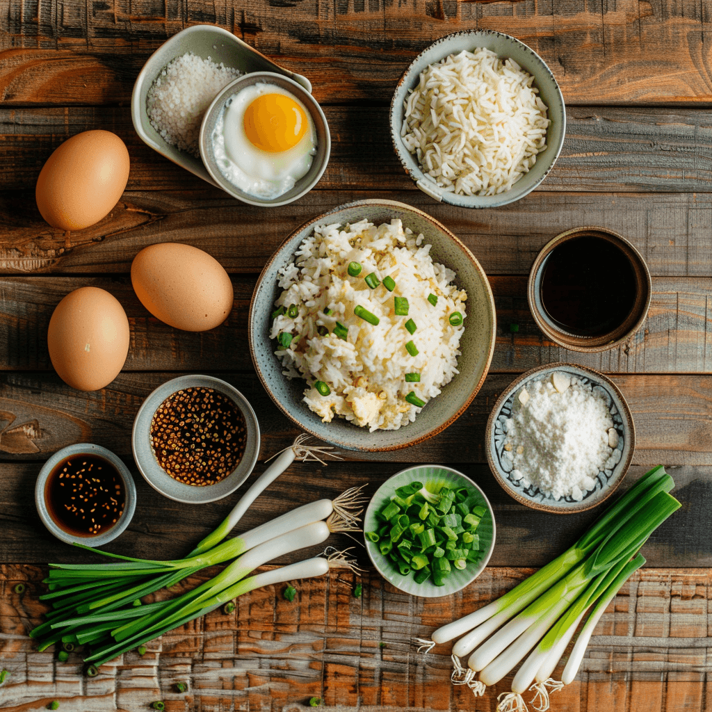 Fresh ingredients for Egg Fried Rice including cold jasmine rice, eggs, garlic, and scallions