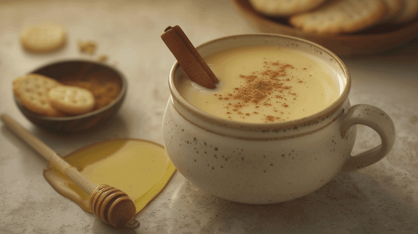 Creamy golden milk in a ceramic mug, garnished with cinnamon stick and turmeric powder, showcasing the rich color of this comforting golden milk recipe.
