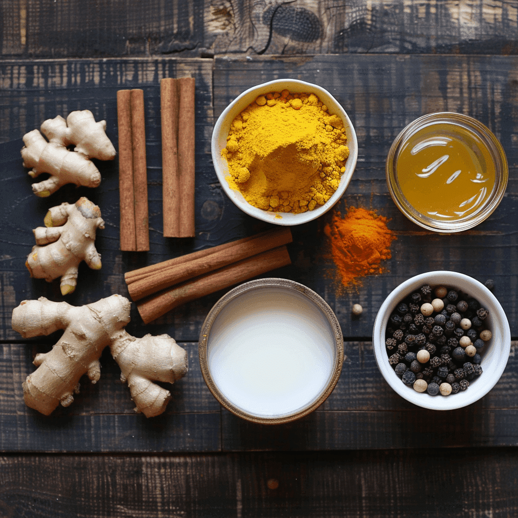 Ingredients for golden milk recipe laid out: turmeric powder, cinnamon sticks, ginger root, black peppercorns, milk, and honey. Emphasizes fresh and simple components.