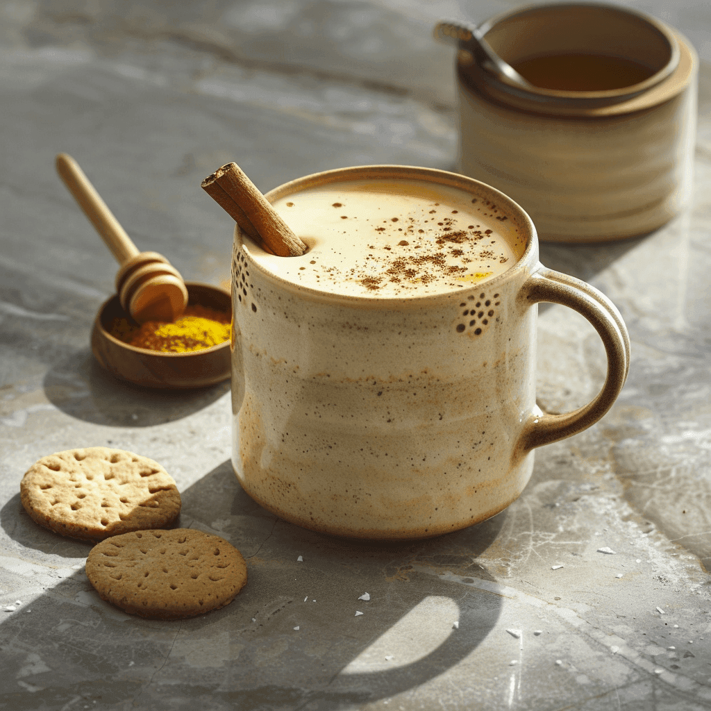 Creamy golden milk in a ceramic mug, garnished with cinnamon stick and turmeric powder, showcasing the rich color of this comforting golden milk recipe.