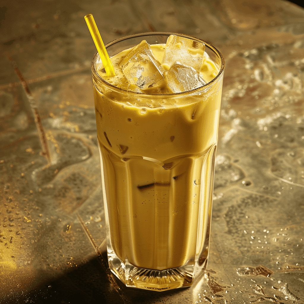 Refreshing iced golden milk in a tall glass with ice cubes and a straw, showcasing a summer twist on the traditional golden milk recipe.