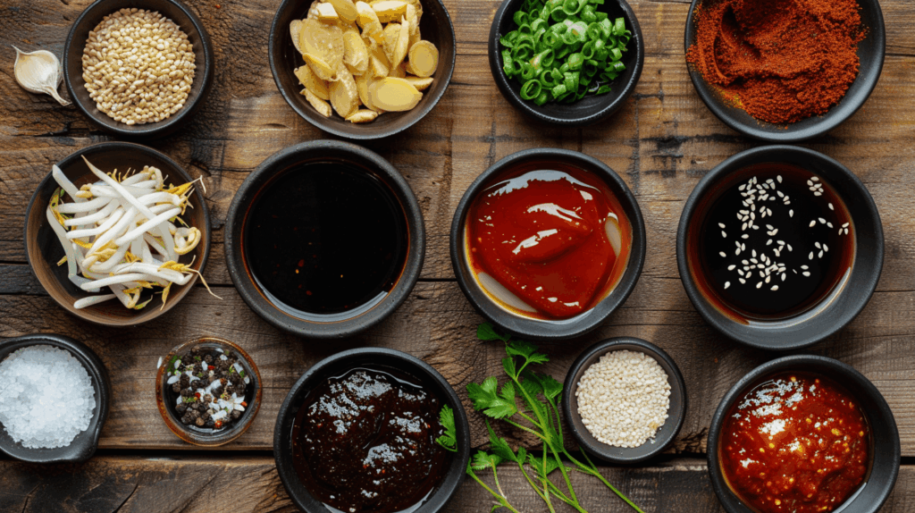 Korean BBQ sauce ingredients: gochujang, soy sauce, sesame oil, and more.