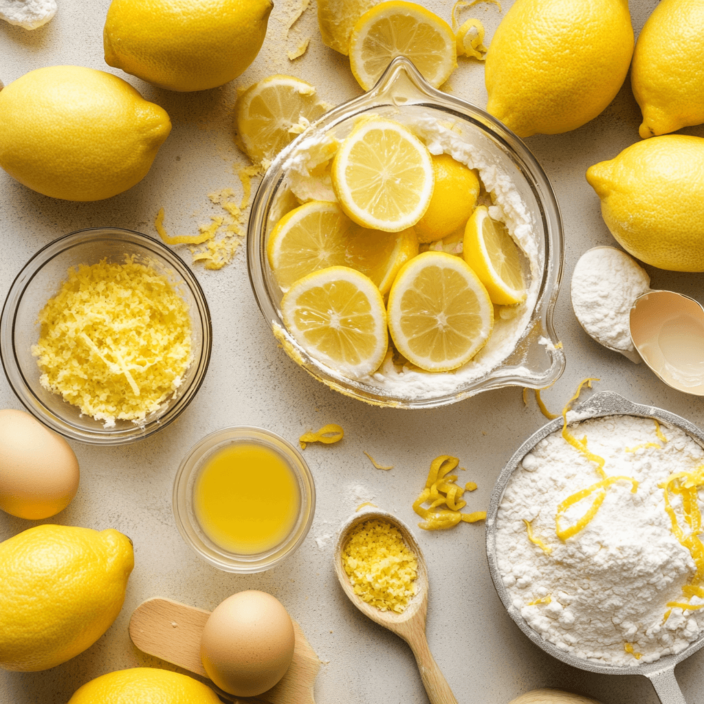 Fresh lemons, lemon zest, and lemon juice ingredients for Baby Lemon Impossible Pie.