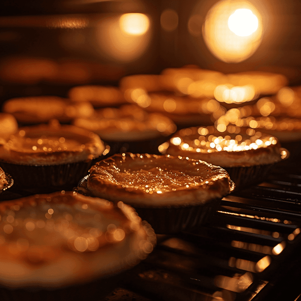 Baby Lemon Impossible Pie baking in oven, showing golden brown top and edges.