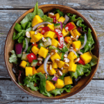 A vibrant bowl of mango salad with fresh greens, red bell pepper, and a zesty citrus dressing