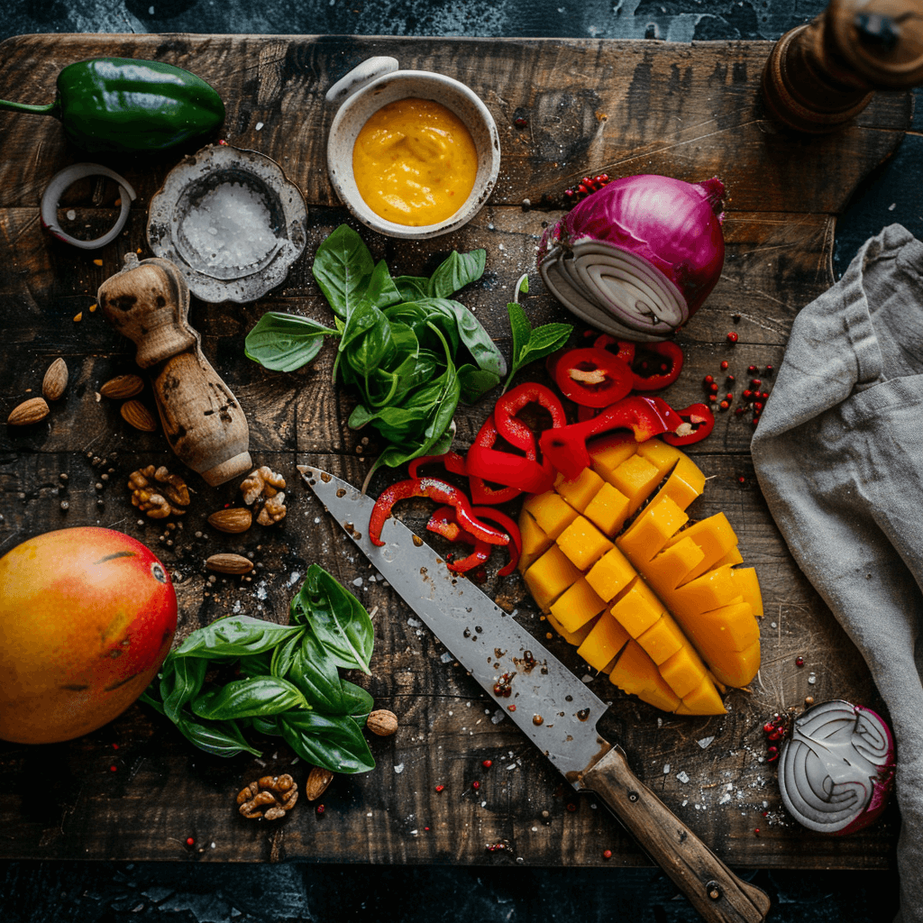 Preparation of Mango Salad ingredients on a wooden board