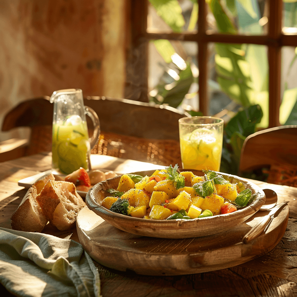 A beautifully plated mango salad with garnish