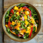 A vibrant bowl of mango salad with fresh greens, red bell pepper, and a zesty citrus dressing