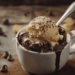 Warm and gooey 5-minute mug brownie recipe with melting ice cream and chocolate chips.