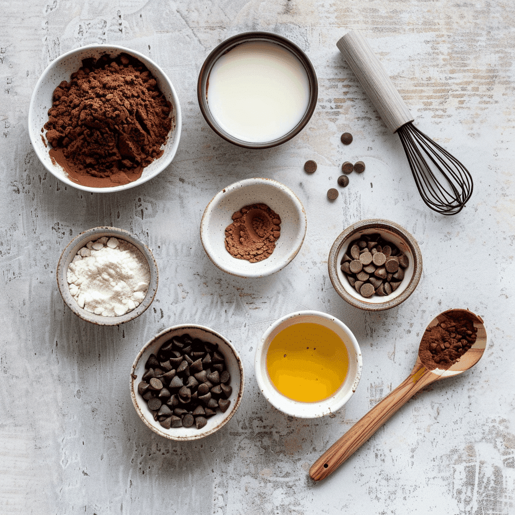 Simple ingredients for easy mug brownie recipe: flour, sugar, cocoa, milk, oil, vanilla, chocolate chips