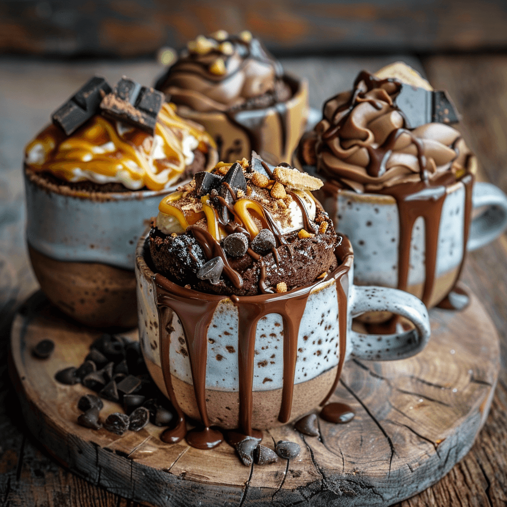 Delicious mug brownie variations with peanut butter, Nutella, and chocolate toppings.
