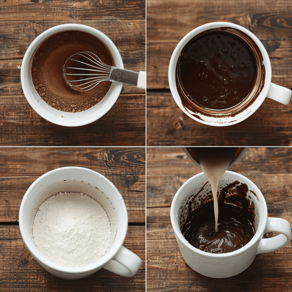 Step-by-step images showing how to make mug brownie recipe - mixing dry and wet ingredients, microwaving.