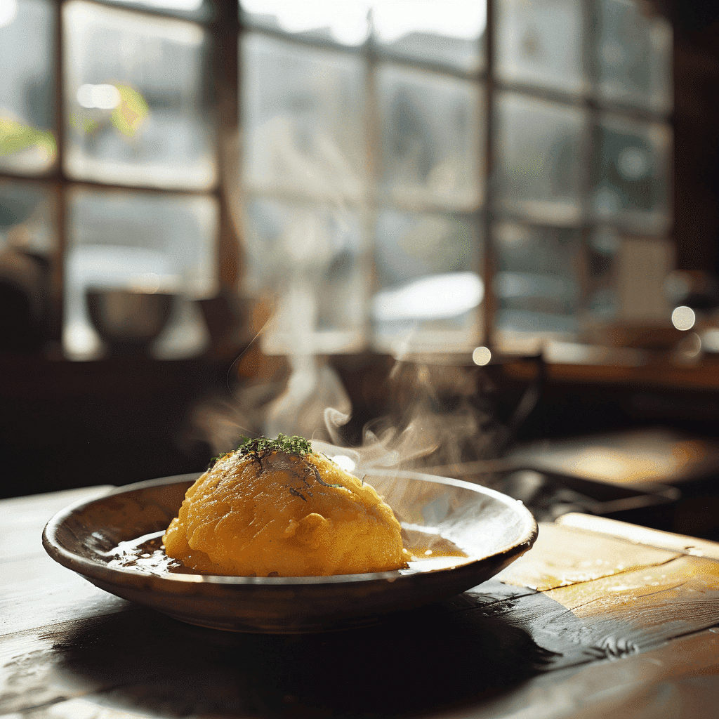 Omurice omelette being opened with a knife, revealing the flavorful ketchup rice inside.